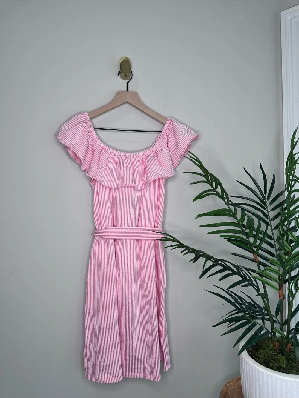 Michael Kors Coral Striped Off-Shoulder Ruffle Dress